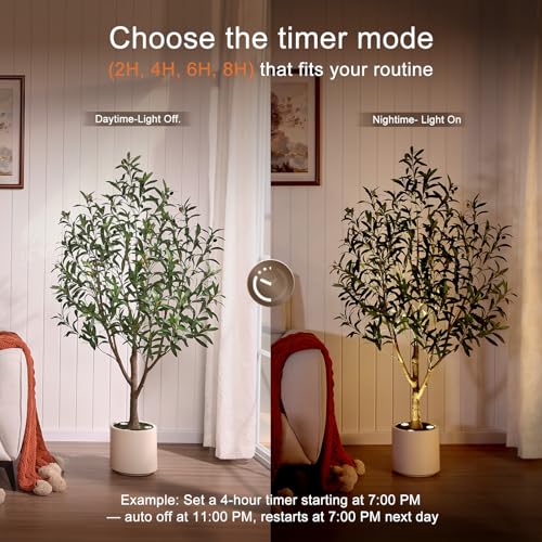 Verinatural Olive Trees Artificial Indoor 5FT - Realistic Fake Plants with Remote LED Spotlights, White Planter - Faux Olive Tree for Home Living Room Office Floor Bedroom Decor,VN214 - size: 5ft