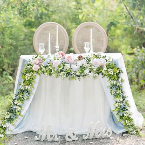 6FT Eucalyptus Garland with Flowers, 4 Pack Greenery Hanging Summer Eucalyptus Garland Suitable for Table Wedding Backdrop Arch Wall Party Thanksgiving UV Protected Indoor Outdoor Decorations - size: 4 Pack