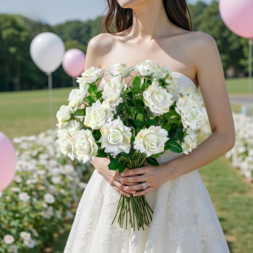 Artificial Flowers Artificial Roses Fake Roses 23.2In Long Stem Artificial Flowers for Tall Vase Silk Rose Suitable for Wedding Party Decor Valentine's Day DIY Bouquet Spring 20PCS (Green) - color: Green