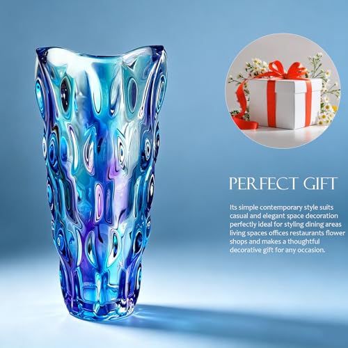 9.5" High Thickened Colorful Blue Glass Flower Vase for Home Decor, Dining Wedding Table Office Holiday Party Centerpiece Decoration - color: Magic Magic Colorful Blue Color