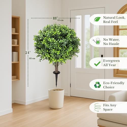 Artificial Boxwood Topiary Balls – 24" Set of 2 Faux Shrub Bushes with Ground Spike & Garden Tools – UV Resistant Faux Plants for Outdoor Planters, Porch & Front Door (Boxwood Topiary Ball) - color: Boxwood Topiary Ball