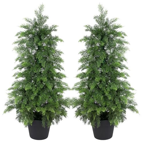 Bellacat 3ft UV Resistant Full Faux Cedar Tree with Soft Real Touch Leaves, 36in Lifelike Topiary Trees Artificial Outdoor, Fake Cypress Tree for Front Door Porch Patio Deck Home Decor, 2Pack - color: Green-2pack, size: 3ft