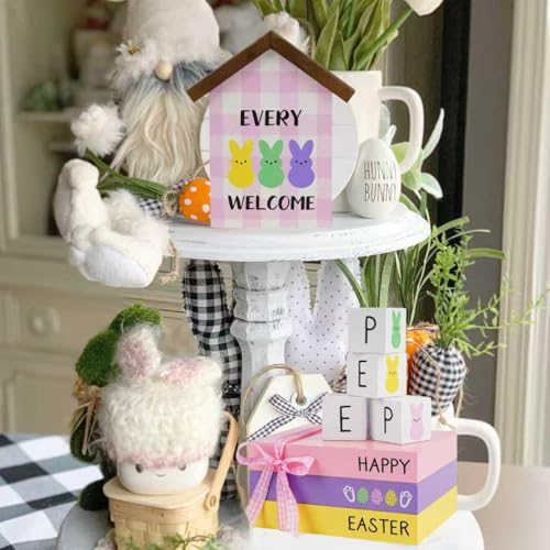 Nuvagiki 8PC Easter Wooden Book Stack Decor - Spring Bunny Stack for Shelf/Mantel, Farmhouse Decor with Pastel Wooden Books, Easter Gift Set - color: Easter Pink