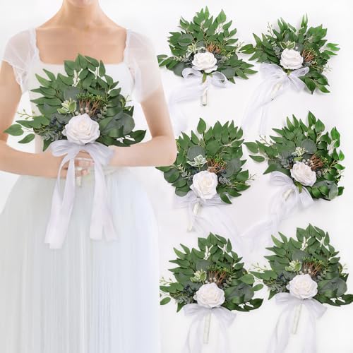 Wedding Bouquets for Bride,Set of 6,Rose White Bridesmaid Bouquet, Eucalyptus Greenery Wedding Floral Arrangements Suitable for Bridal Shower, Toss Bouquet, Wedding Centerpiece, Ceremony Decor - color: 6pcs White&green Bouquets
