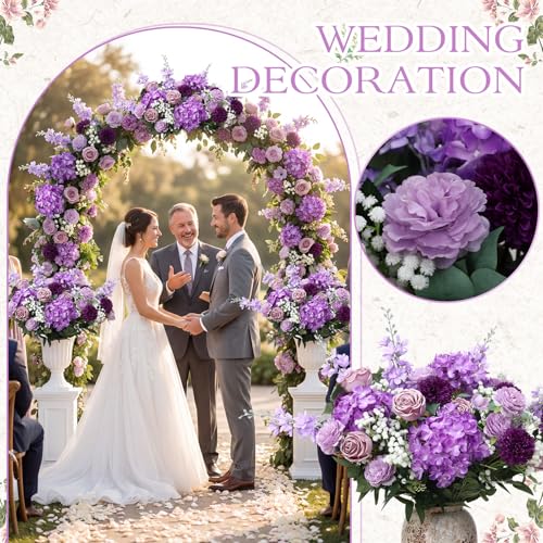 Suncalla 36 Pcs Purple Artificial Flowers Bouquet Set 8 Kind Faux Delphinium Rose Peony Chrysanthemum Hydrangea Baby's Breath Florals with Greenery Long Stem for Wedding Table Vase Decor - color: Purple