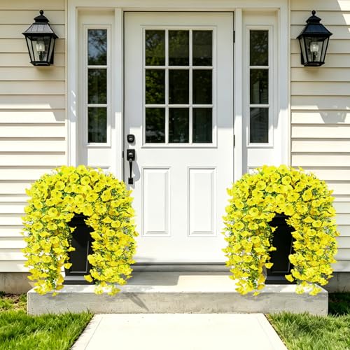 Artificial Hanging Flowers for Outdoor, 4Pcs UV Resistant Faux Morning Glory Flower Spring Summer Decroation, No Fade Fake Flower Trailing Vine for Porch Patio Balcony Yard Garden (Yellow) - color: Yellow