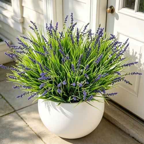 Outdoor Faux Plants, 12 Pcs Fake Plant UV Resistant Monkey Grass Lavender Flowers, Artificial Greenery Shrubs Bush for Outside Planter Patio Garden Front Porch Door Yard Spring Summer Decor, Purple - color: Purple