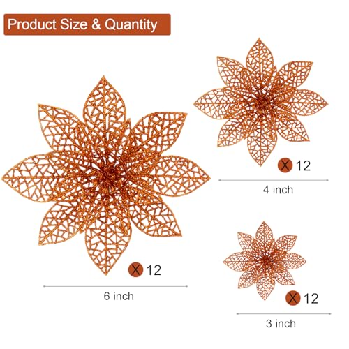 Wironlst 24 Pieces Glitter Poinsettia Flowers Christmas Tree Ornaments, Glitzy Poinsettia Bushes Christmas Decorations for Xmas/Holiday/Seasonal/Wedding (Orange) - color: Orange