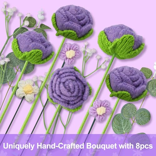 Crochet Flowers Bouquet, Handmade Knitted Rose Bouquet with Gift Bag for Home Deocor, Crocheted Finished Flower for Wedding, Mother's Day, Teachers' Day and Valentine's Day, Purple - color: Purple