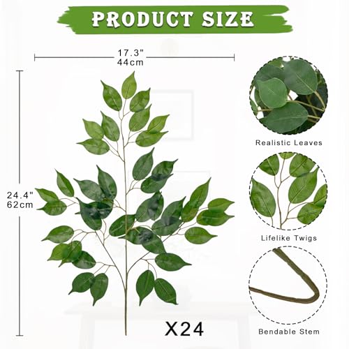 24PCS Ficus Leaves Artificial Branches 24" Faux Ficus Greenery Tree Branches Fake Ficus Leaves Sprays for Tree DIY Arch Wedding Wall Decor - Green - color: 24inch-24pcs/Green