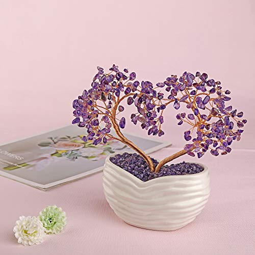 Jovivi Amethyst Crystal Heart Money Tree Healing Gemstone Bonsai Tree for Wedding Ceremony Reiki Balancing Energy Meditation Feng Shui Wealth & Good Luck Home Indoor Office Decor 7.87"-8.26" - color: Amethyst