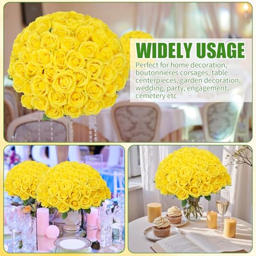 72 Pcs Artificial Roses Yellow Fake Silk Roses Realistic Roses Faux Flower Indoor Wedding Home Decor, Birthday Decorations - color: Yellow