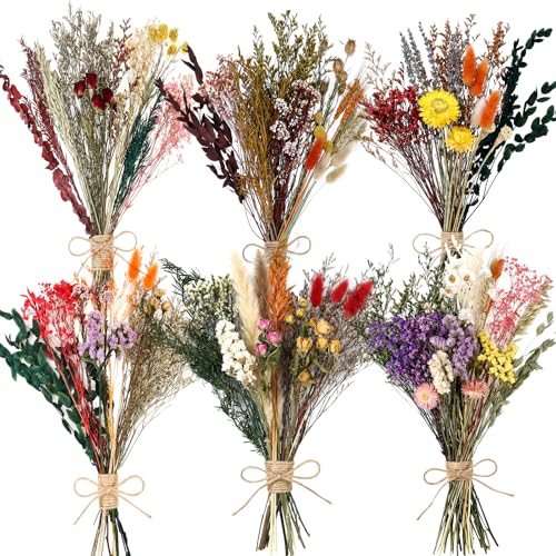 6 Bunches Large Size Dried Flower Bouquet 15 -17 Inch Natural Various Dried Flower Combinations with Wildflowers Dry Rose Lavender Forget Me Not Babys Breath for Vase Boho Wedding Farmhour Home Decor