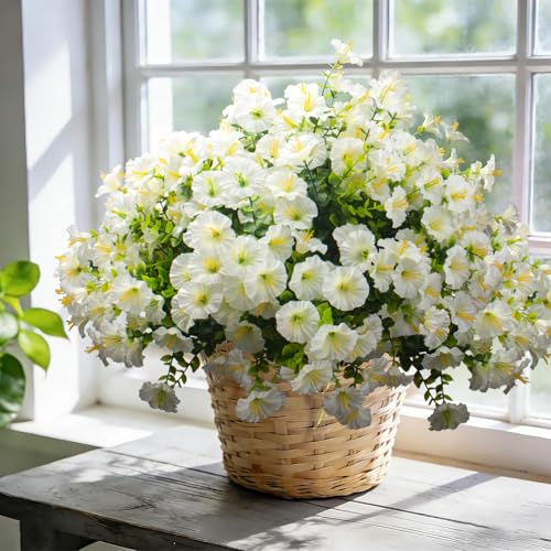 Grunyia Artificial Morning Glory Flowers - 16PCS White UV Resistant Faux Silk Plastic Blooms, Realistic Fake Plants for Garden Porch Planters Window Wedding Indoor Outdoor Decor - color: White