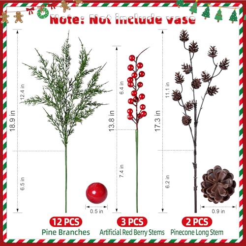 Faux Cedar Stems Artificial Norfolk Pine Branches for Christmas Decorations, 17 PCS Faux Pine Stems with Pinecones Red Berries Branches Realistic Faux Greenery for Vases DIY Garland Xmas Table Indoor - color: 12 Pcs Cedar Stems, 3 Pcs Red Berry Stems, 2 P