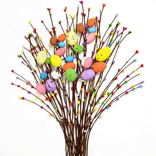 41 Pcs Artificial Easter Spray Vine with Pastel Easte Eggs and Decorative Berries Spring Floral Stems-Easte Egg Twig Branches for Easter Crafts Floral Arrangement Wreath Making Decoration