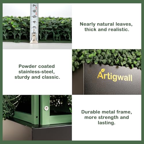 Artificial Boxwood Hedge Wall with Black Steel Planter Box, Outdoor Greenery Fake Faux Grass Panels, Privacy Divider Fence for Patio, 50" Lx48 Hx14 D - size: 50" Lx48" Hx14" D