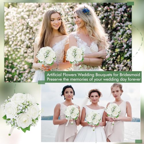 Artificial Bridesmaid Bouquets Set of 6-7 Inch Bridesmaid Bouquets Ivory White Rose Babys Breath Pre-Made Silk Flower Bouquet for Wedding Bridal Shower Centerpiece Ceremony and Anniversary - color: Ivory, size: Set of 6 Bridesmaid Bouquets