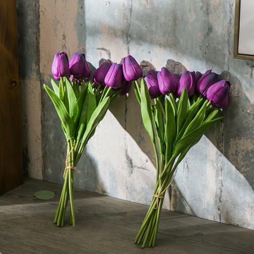Tanvecle 20pcs Purple Artificial Tulip Flowers, Silk Fake Flowers 13" for Mother's Day, Easter, Valentine’s Day Gifts in Bulk, Home, Kitchen, Wedding Decorations - color: Purple