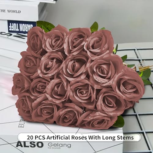 20PCS Artificial Roses with Long Stems - Realistic Silk Flowers, Fake Roses Real Touch Bouquet of Roses for Mother's Day, Home Decor, Bridal Wedding Party, Bulk Faux Rose Flowers (Dusty Rose) - color: Dusty Rose, size: 20 PCS