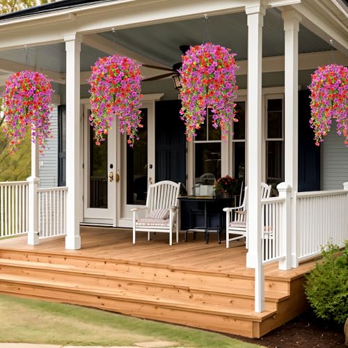 Ammyoo Artificial Hanging Flowers for Outdoors Fake Plants Decoration, 2 Packs Faux Silk Daisy Flower Realistic Outdoor Flowers UV Resistant Porch Patio Window Yard Indoor Spring Decor(Red Purple) - color: Dred Purple