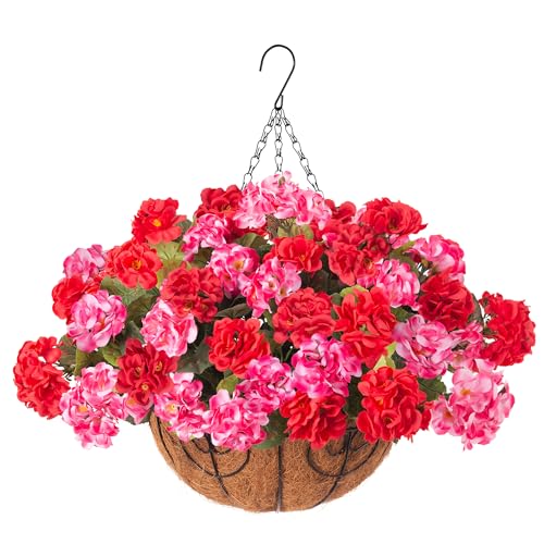INSPRING Geraniums Artificial Flowers Hanging Basket for Outdoors Outside Spring Decoration, 8 Bundles Silk Flowers Fake Plants Look Real UV Resistant for Porch Home Patio Balcony Yard, Red Pink - color: Red Pink
