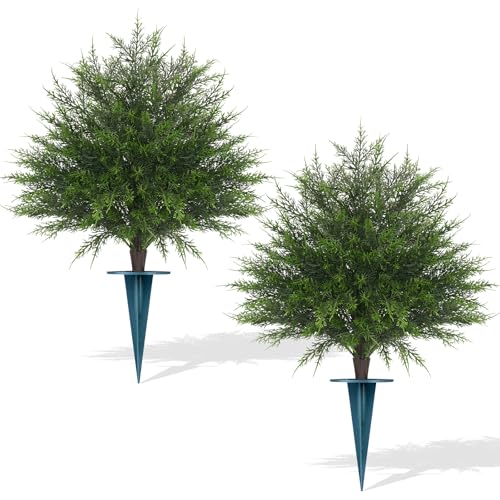 2 Set of Artificial Cedar Topiary Ball Trees,16'' UV Resistant Artificial Shrubs with Ground Spike Fake Evergreen Plants for Outdoor Indoor Front Porch Garden - color: Cedar