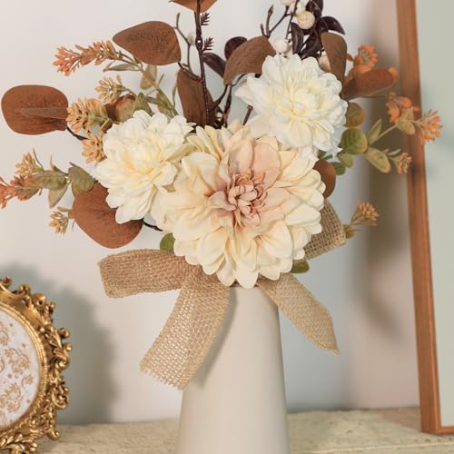 Small Artificial Flowers in Ceramic Vase 15 inch Faux Flower Centerpieces Coffee Table Decor, Silk Flower Arrangements Indoor Fake Bouquet for Dining Room Kitchen Wedding Home Decor, Brown - color: Brown + Small