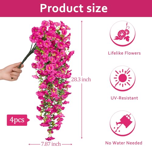 Serwalin Artificial Hanging Flowers for Outdoors Decoration, 4PCS UV Realistic Resistant Silk Artificial Fake Plants Outdoor for Porch Patio Balcony Planter Garden Yard Decor (Hot Pink,4PCS) - color: Hot Pink