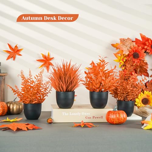 Der Rose Fall Fake Plants 4 Packs Artificial Plants Small Faux Plants Black Bathroom Accessories Fall Decorations for Home Bathroom Home Office Desk Fall Decor Indoor - color: Orange
