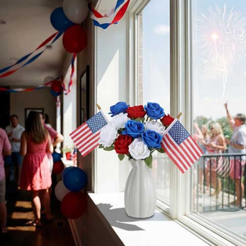 Tigeen 14 Pcs 4th of July Decor Red White Blue Artificial Flower Patriotic Decoration Artificial Rose with 2 Flag 250th Anniversary Table Centerpieces for Memorial Veterans Independence Day Home Decor - style: Roses