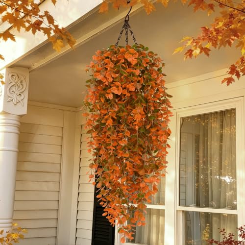 Waipfaru 4Pcs Fake Hanging Plants, Orange Eucalyptus Leaves UV Resistant Fake Vines Ivy Artificial Plants Outdoor Faux Plants Indoor Bedroom Living Room Boho Wall Porch Shelf Decor - color: Orange Eucalyptus Vines, size: 4Pcs Plants