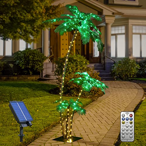 Solar Lighted Palm Tree 7FT 3FT 2FT Artificial Palm Tree Decor for Outdoor 218 LED Light up Fake Tree for Indoor Outside Patio Hawaiian Tiki Bar Decoration, Green - size: 7+3+2ft-Solar