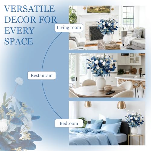 Dallisten Fake Flowers for Vase, 15 pcs Faux Silk Pompom Mum Artificial Flowers with Eucalyptus Stems, Mini Floral Long Stem Arrangements for Home Decor, Wedding, Table Centerpieces DIY Floral Designs - color: Navy Blue+light Blue+white