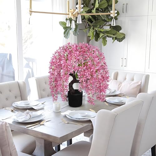 Artificial Flowers 18.5" Tall with Silk Wisteria Pink Flower Arrangement and Realistic Wood Fake Bonsai Tree Plants Faux Plants for Spring Home Bedroom Office Bathroom Coffee Table Centerpiece Decor - color: Pink-18.5