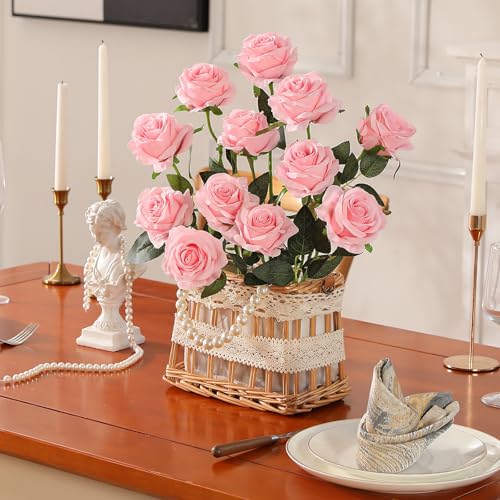 Nubry Artificial Silk Rose Flower Bouquet Lifelike Fake Rose for Wedding Home Party Decoration Event Gift 10pcs (Pink) - color: Pink
