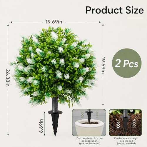 2 Pack 25" Artificial White Lavender Topiary Ball Trees for Outdoors, UV Resistant Faux Evergreen Shrubs with Ground Spikes, Fake Bush Ball Plants for Front Porch, Patio, Garden, Indoor Outdoor Decor - color: White Lavender