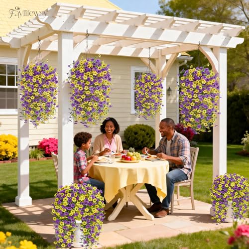 Artificial Hanging Flowers for Outdoors Spring Summer Decoration, 8PCS UV Resistant Silk Fake Hanging Plants for Patio Porch Front Yard Window Garden Indoor Decor(Purple&Yellow,8PCS) - color: Purple&yellow, size: 8PCS