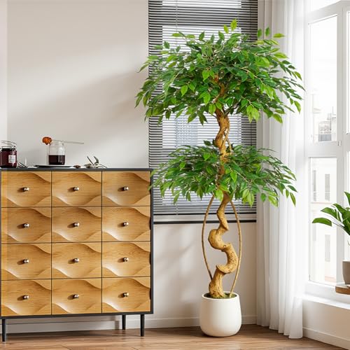 5ft Large Ficus Artificial Trees in White Pot, 60" Tall Fake Silk Tree with Natural Curved Trunk, Lush Faux Ficus Tree for Indoor Home Decor, Living Room, Office & Patio - size: 5ft