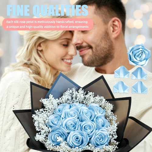 300Pieces Premade Satin Ribbon Rose Petals Half-Finished for Eternal Rose DIY Ramos Forever Flowers Bouquets Everlasting Floral,for Wedding,Anniversary,Engagment (300 Pcs Blue) - color: 300 Pcs Blue