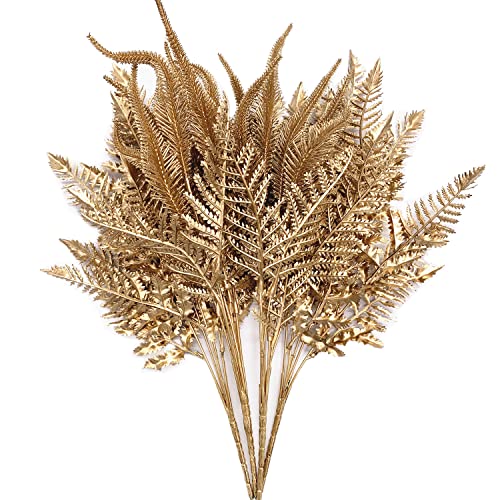 Artificial Golden Flowers Decoration, Plastic Grass Faux Boston Fake Fern Gold Leaves Simulation Setaria Bushes Home Indoor Outdoor Garden Wedding Hall Table Planter Filler DIY Christmas Decor 4 Pack - color: Gold Boston Grass 2pcs & Tail Grass 2pcs