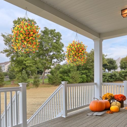 INQCMY Artificial Fake Hanging Flowers Plants Baskets for Outdoor Fall Decoration,Faux Silk Flower in Planter UV Resistant Look Real for Home Outside Porch Garden Yard Patio Decor - color: Orange Yellow