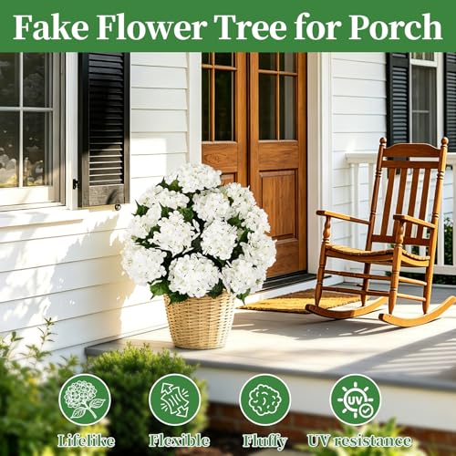 Grooy Artificial Topiary Ball Tree with White Hydrangea, Set of 2 UV Resistant Shrubs with Ground Spike, Fake Evergreen Plant Decor for Porch Garden Indoor Outdoor - color: White Hydrangea