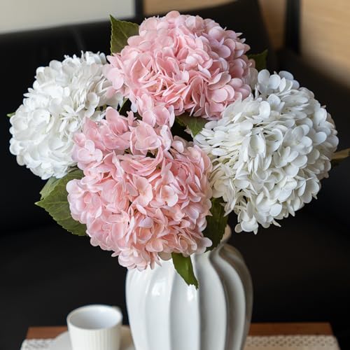DUYONE 22" Real Soft Touch Hydrangea Artificial Flowers Realistic,Large Long Stem Fake Flowers Full Latex Faux,Wedding Bouquet,Party Home Decor,Garden Office Room Table Centerpieces White 2 Pink 2 - color: 2 Pink & 2 White, size: 4Pcs