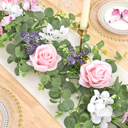 TOCHGREEN 2 Pack 5.9 Ft Artificial Fake Flower Garland Pink Rose Hydrangea Vines with 3D Butterfly Artificial Hanging Floral Greenery Eucalyptus Garland for Wedding Table Party Background Arch Decor - color: Pink