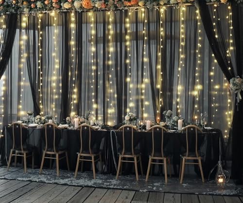 Black Backdrop Curtains with Lights String for Parties Wedding Bridal Shower 10×10ft Sheer Tulle Backdrop Curtain Panels for Baby Shower Birthday Party Photo Shoot Background Wall Decorations - color: Black, size: 10 ft X 10 ft(2 Panels 5ft X 10ft)