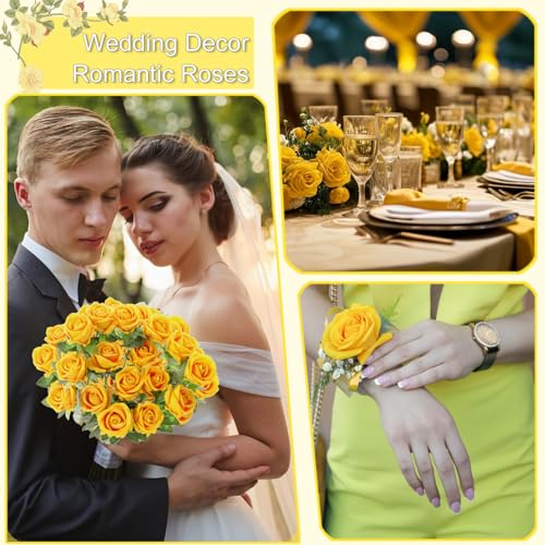 12Pcs Yellow Roses Artificial Flowers Fake Roses Faux Velvet Silk Flower for Home Wedding Decoration (Pearl Rose, Yellow) - color: Pearl Roses - Yellow 12p