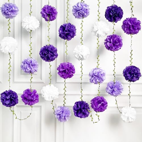 Ombre Purple White Party Decorations Lavender White Tissue Paper Flowers Pom Pom with Leaf Ribbon Hanging Garland Streamer for Birthday Baby Shower Bachelorette Wedding Lilac Violet Party Supplies - color: Purple