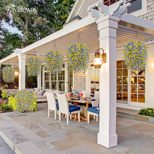 Artificial Hanging Flowers for Outdoors Spring Summer Decoration, 4PCS UV Resistant Silk Fake Hanging Plants for Patio Porch Front Yard Window Garden Indoor Decor(Blue&Yellow,4PCS) - color: Blue&yellow, size: 4PCS