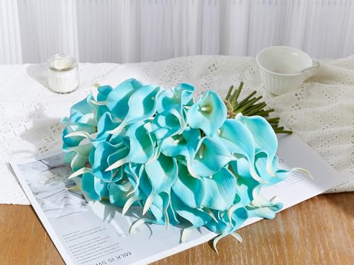 24 Pcs Artificial Calla Lily Flowers Fake Silk Flowers Real Touch for Wedding Bouquet Office Home Kitchen Decor (Peacock Blue) - color: Peacock-blue